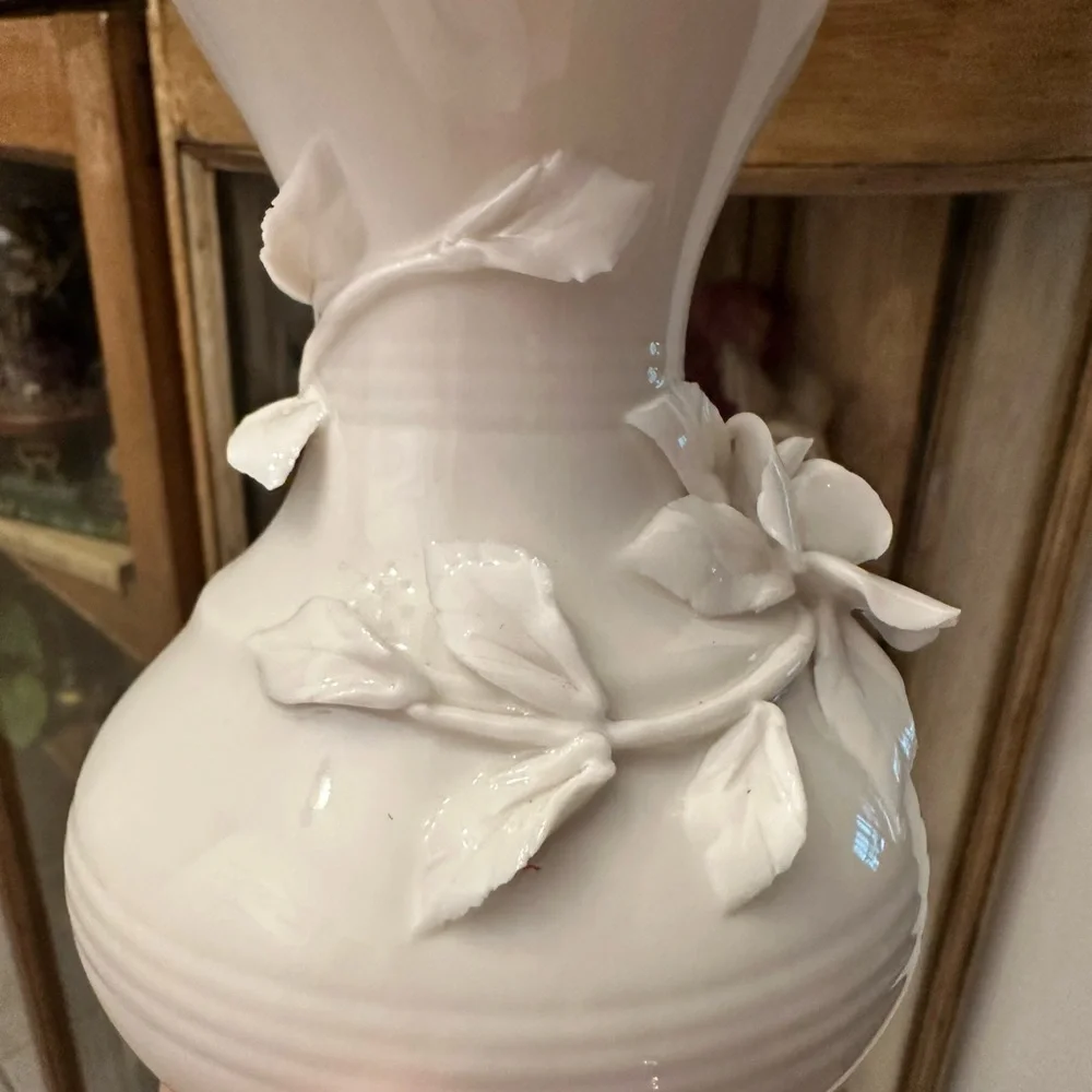 Vintage Porcelain Floral Pitcher - White Raised Rose Accent
